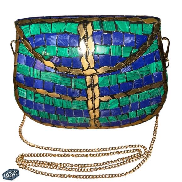 RAMLA Women’s Blue/Green/Gold Mosaic Handmade Unique Metal Bag w/ Strap | NEW! - Picture 1 of 12